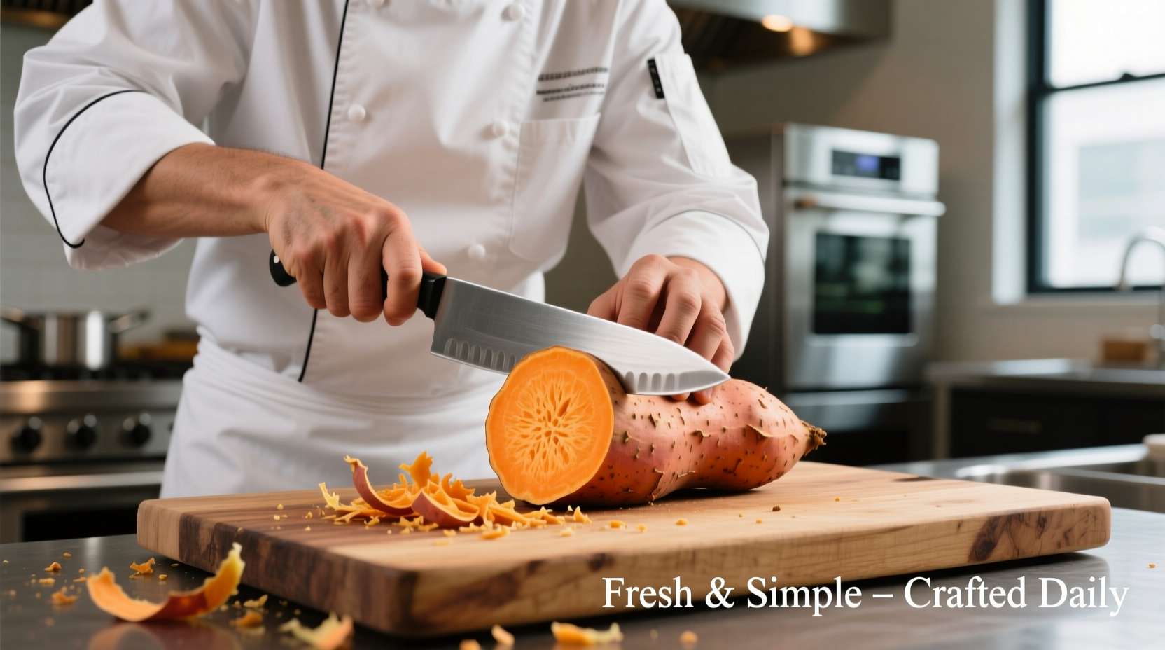 Chef cutting large sweet potato on cutting board