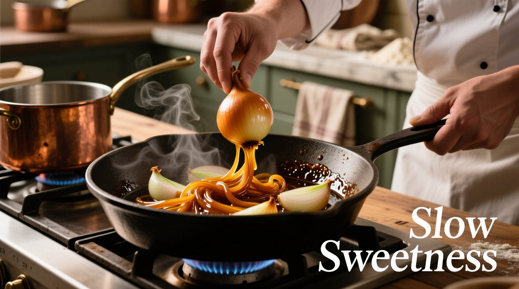 Chef caramelizing sweet onions in cast iron skillet