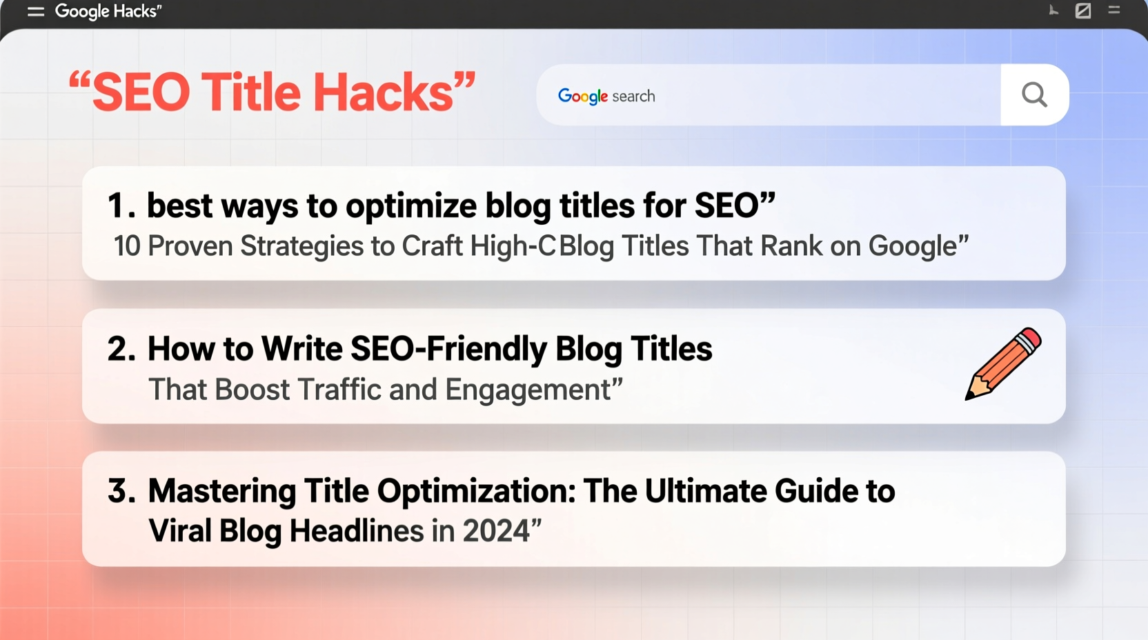 please provide the top 3 google search result titles so i can craft the optimized blog article title for you