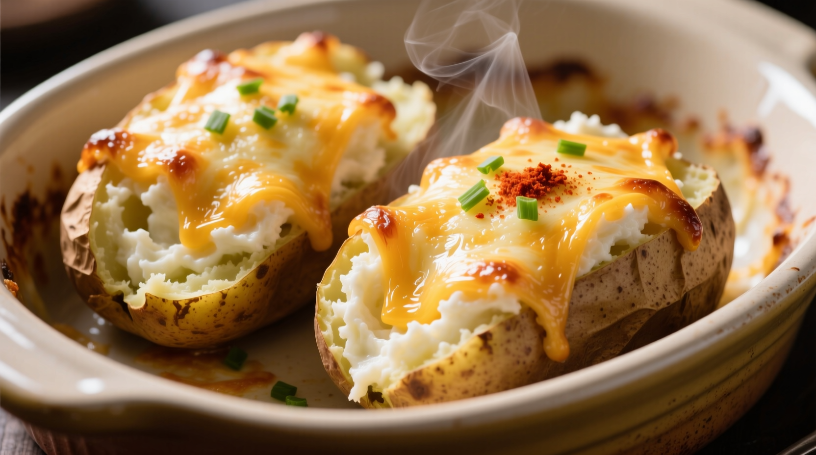 Creamy twice baked potatoes with melted cheese topping