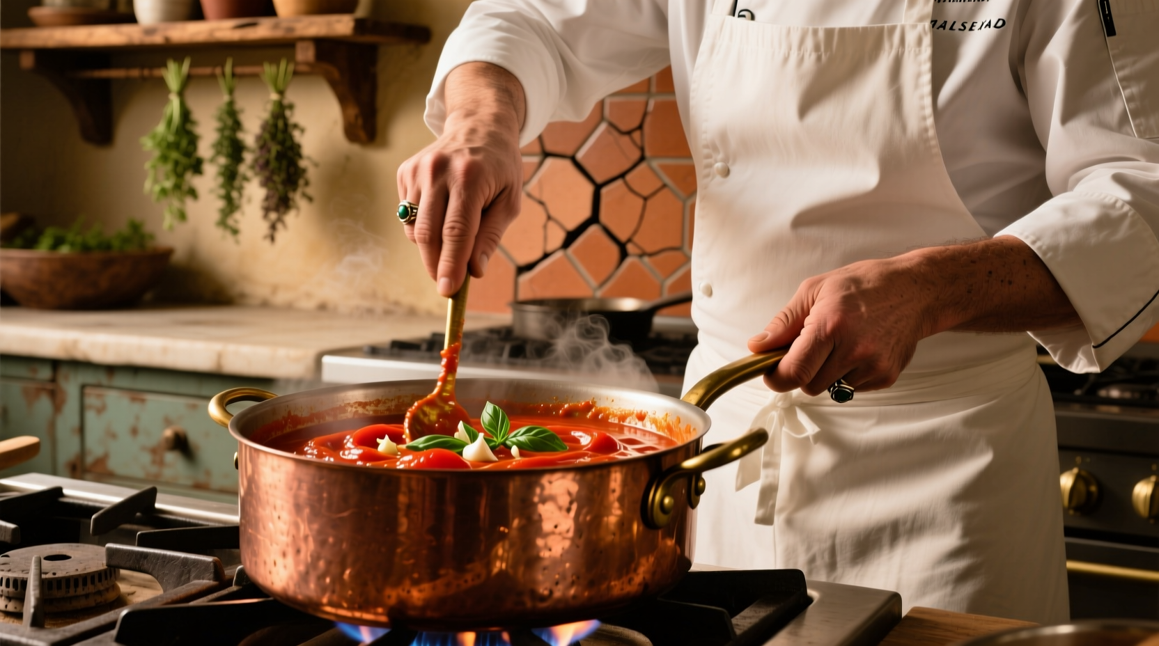 Chef stirring tomato sauce in copper pot