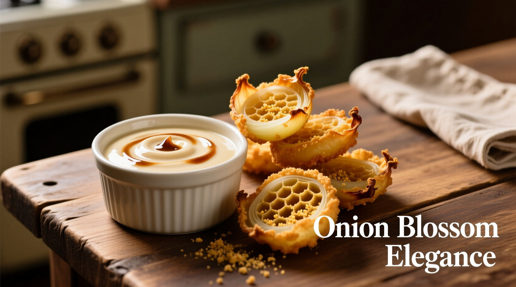 Creamy onion blossom sauce in ramekin beside golden fried onion blossom
