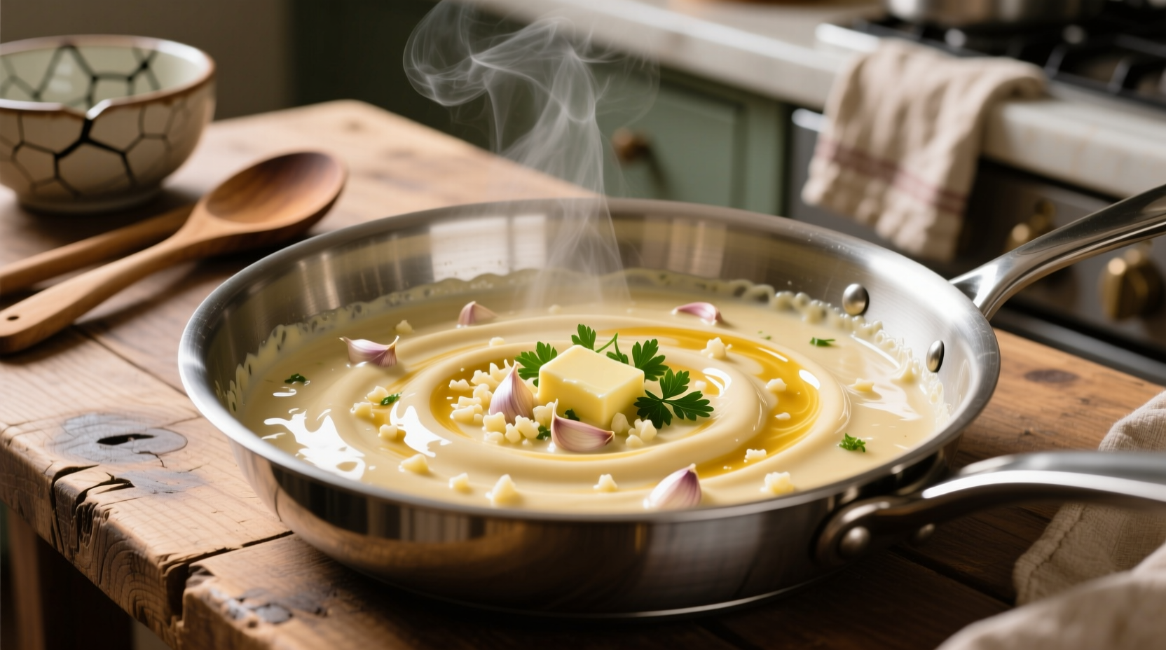 Homemade garlic creamy sauce in stainless steel pan
