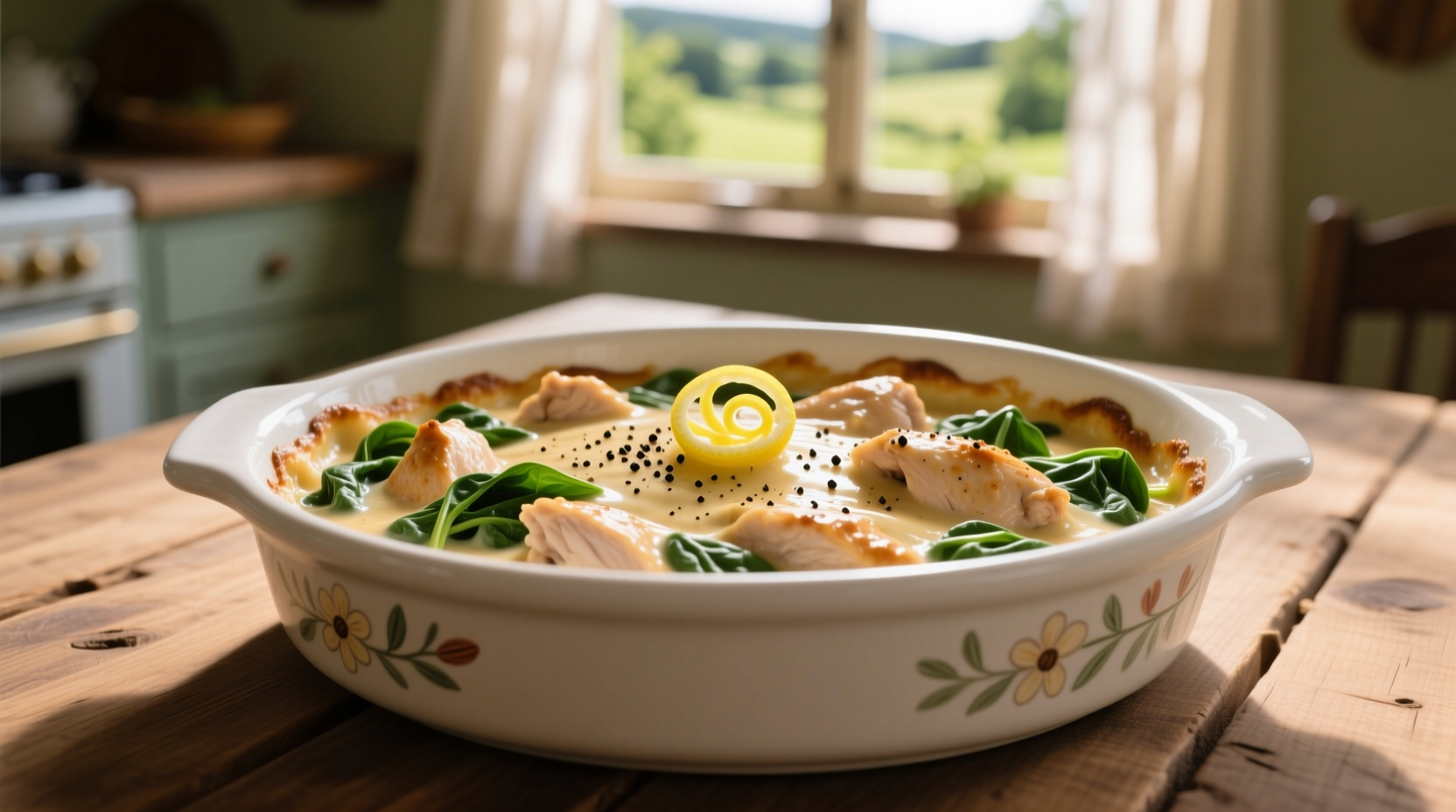 Creamy chicken spinach in white ceramic dish