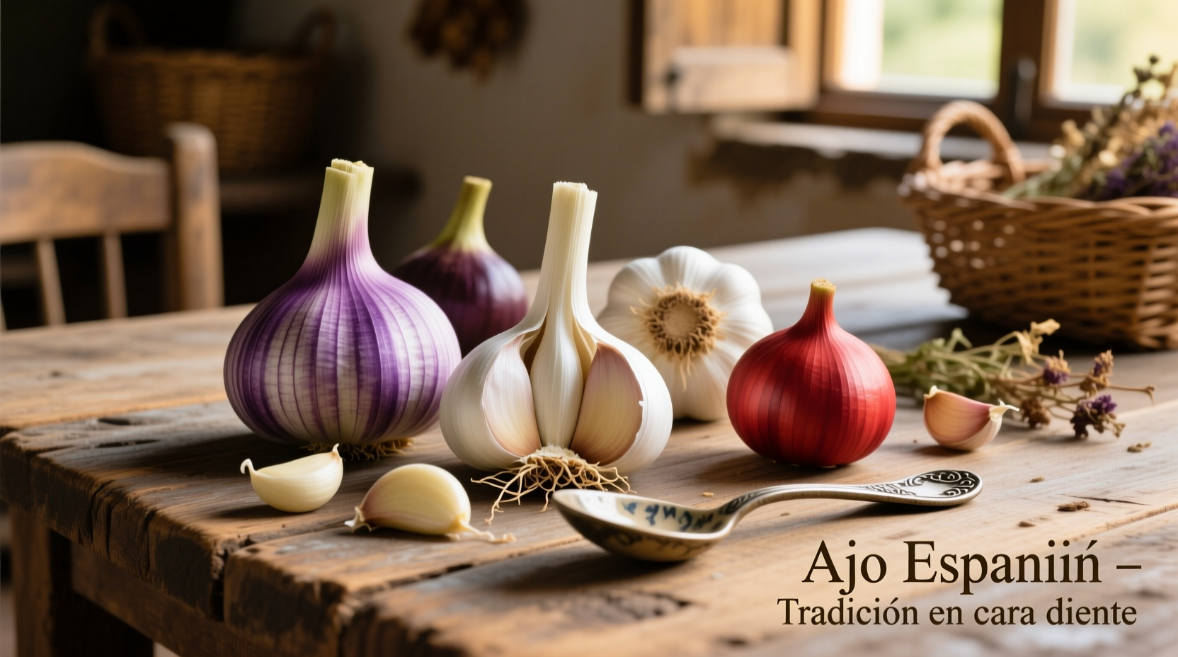 Traditional Spanish garlic varieties on wooden table