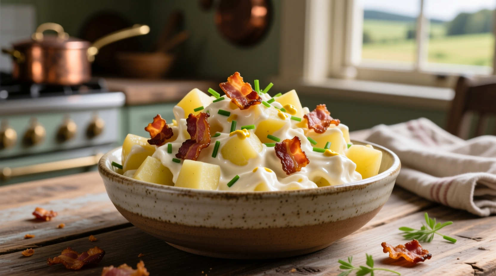 Creamy potato salad with crispy bacon pieces