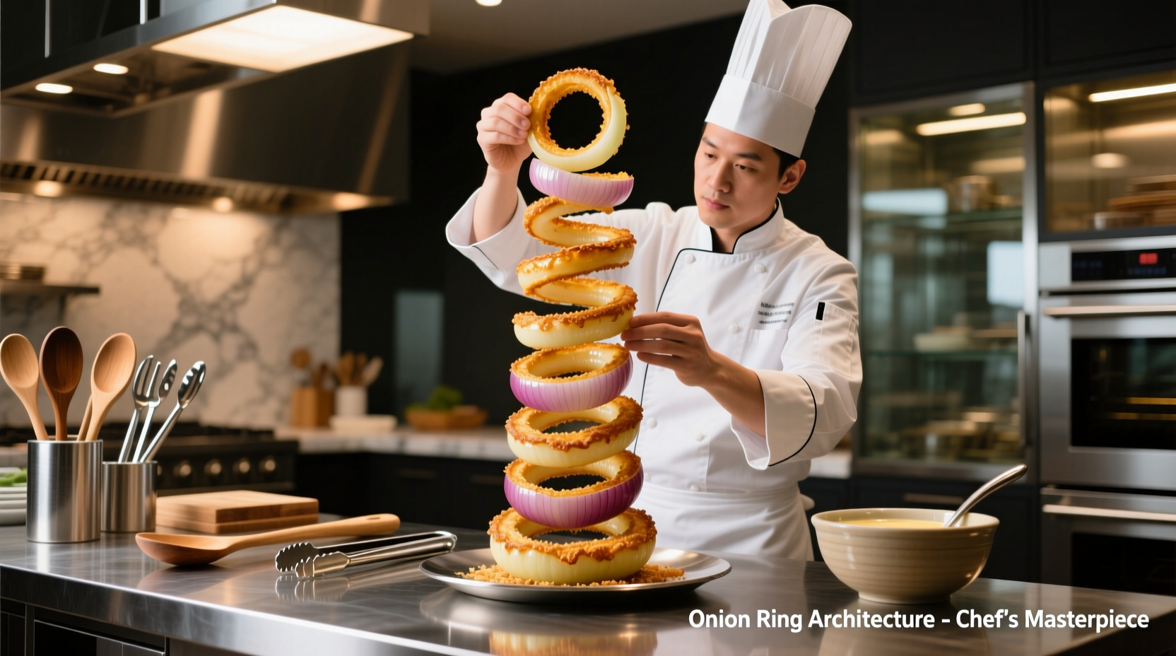 Professional chef constructing onion ring tower