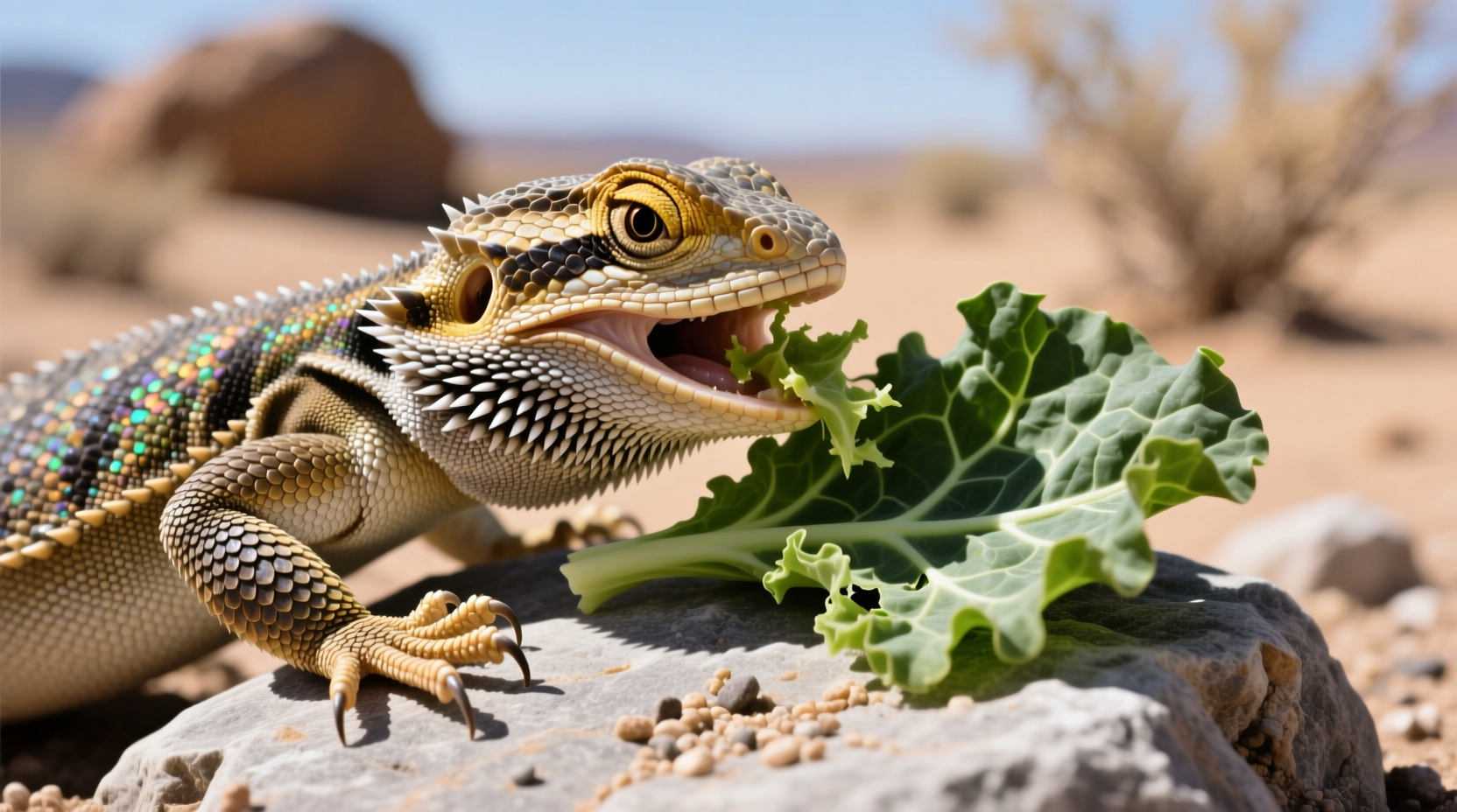 Bearded dragon eating collard greens on a rock