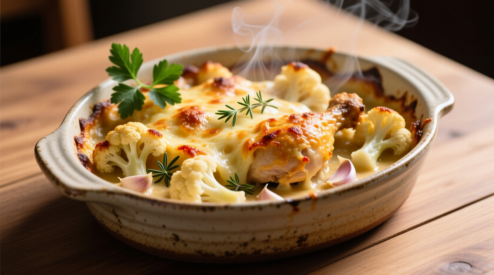 Golden baked chicken cauliflower casserole in dish