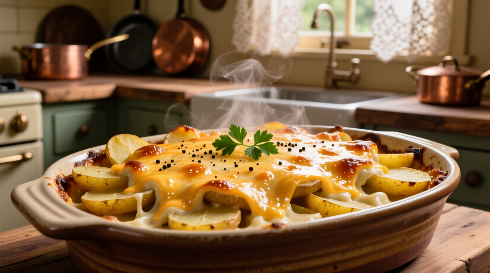 Golden-brown million dollar potato casserole with melted cheese