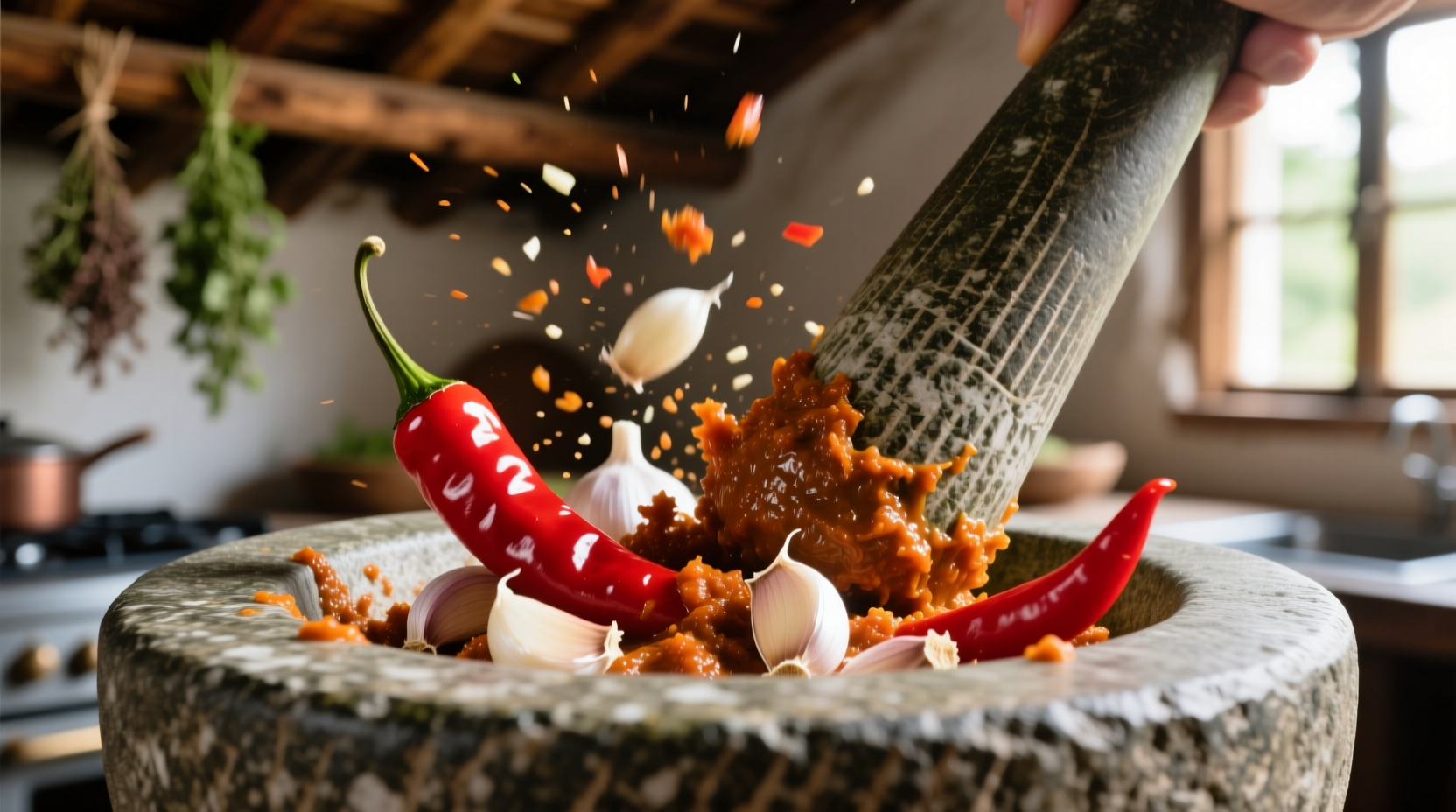 Fresh chilli and garlic paste in mortar and pestle