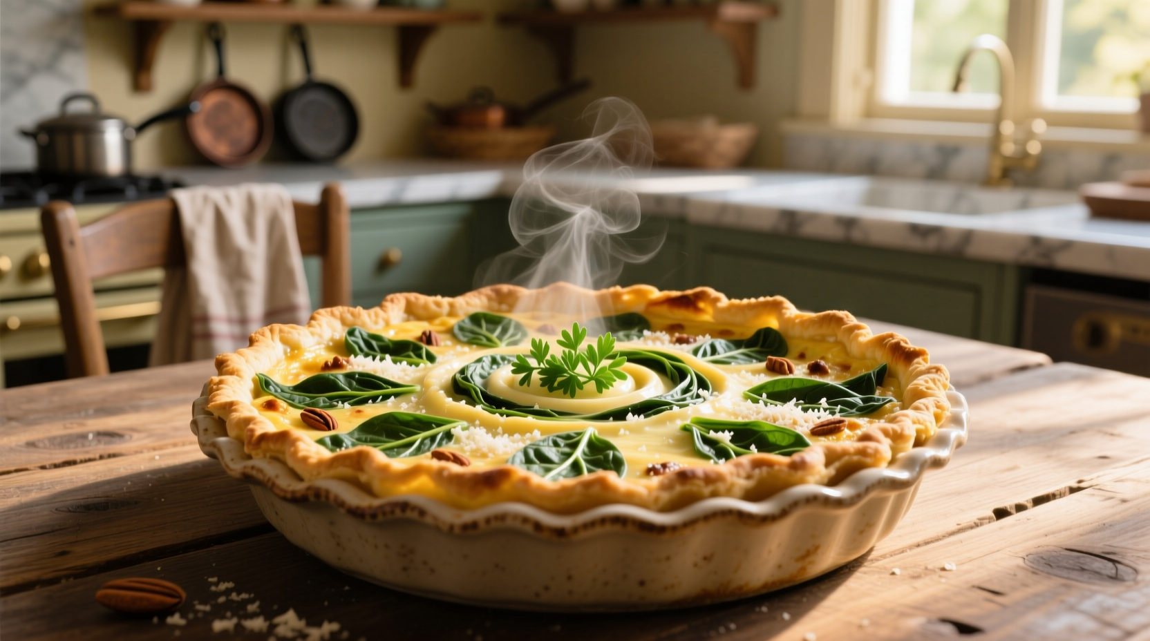 Perfect golden spinach quiche in pie dish
