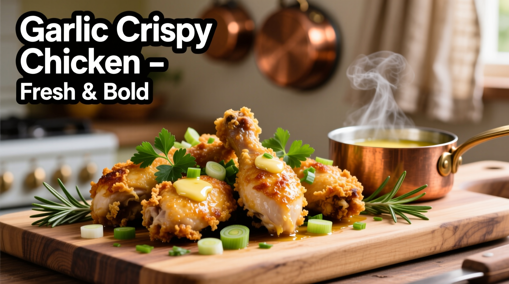 Golden crispy garlic chicken with fresh herbs