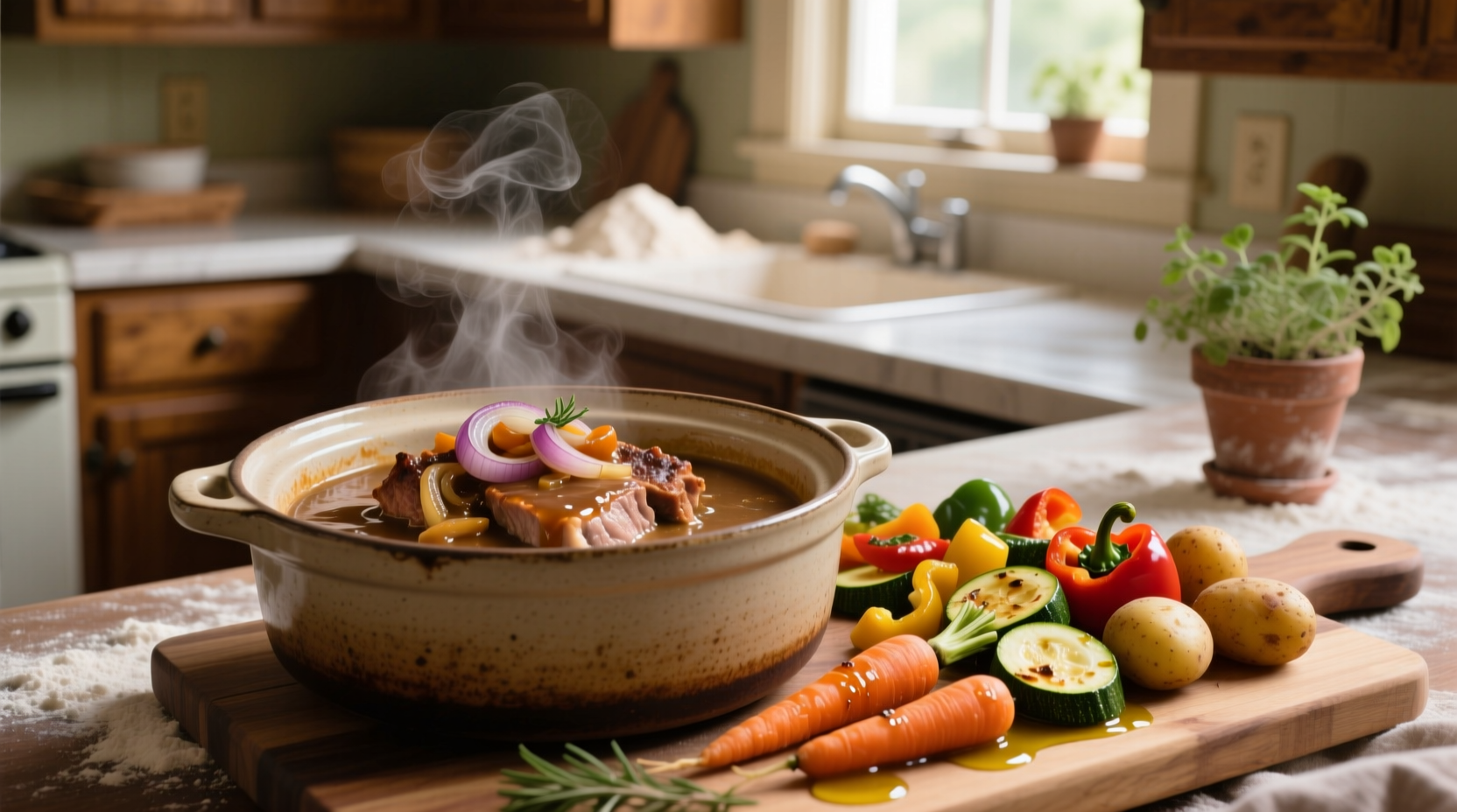Tender crock pot pork chops with onion soup mix served with vegetables