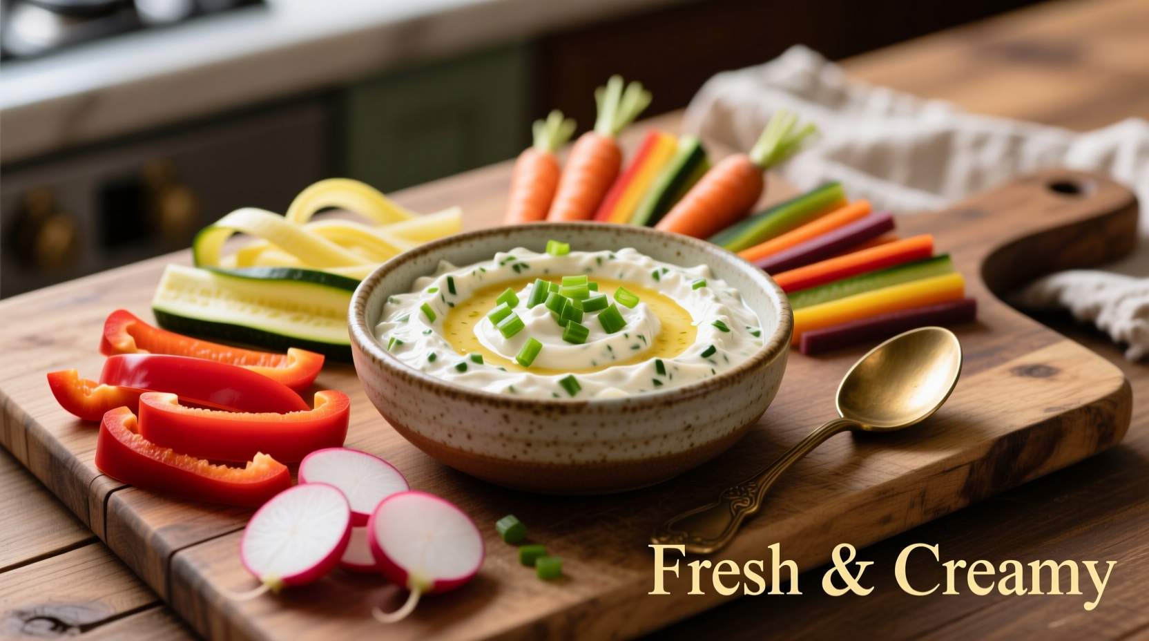 Creamy onion dip with fresh vegetables