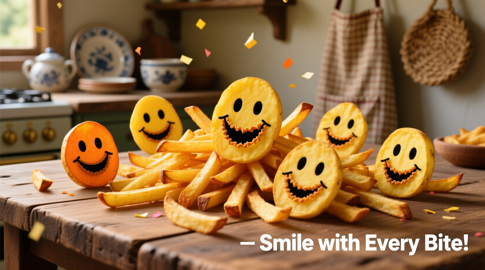 Golden smiley face potato fries arranged in cheerful pattern