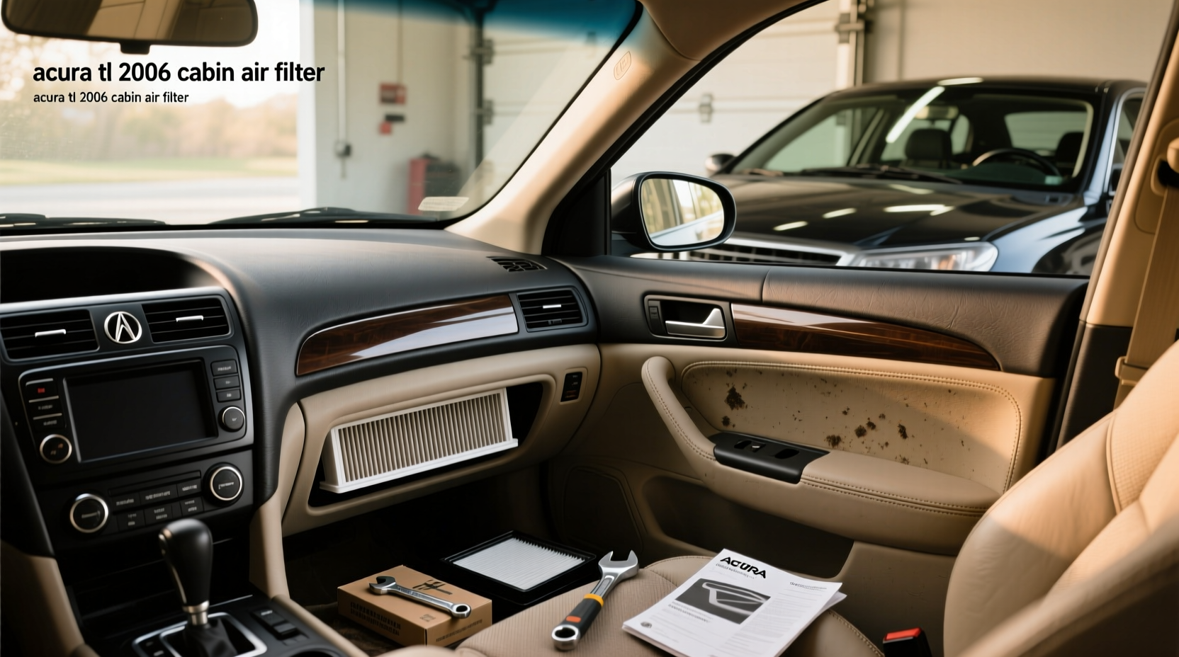 Location diagram showing cabin air filter behind glove box in 2006 Acura TL