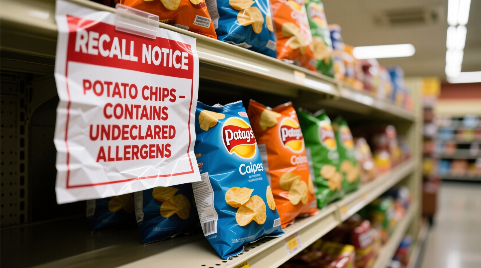 Potato chip recall notice on grocery shelf