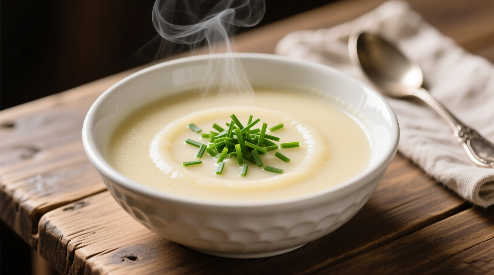 Creamy potato soup with chive garnish in white bowl