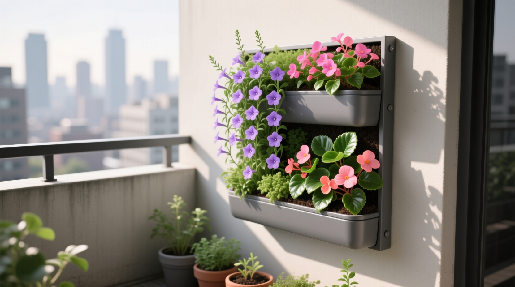 Vertical garden setup on a 4x4 ft balcony using wall planters with trailing lobelia and compact begonias