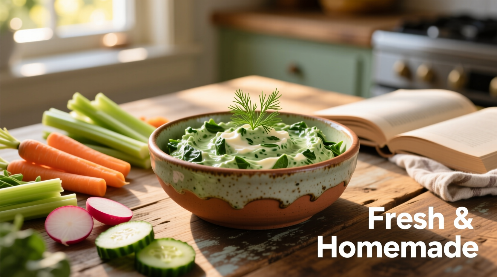 Homemade spinach dip in ceramic bowl with vegetable dippers