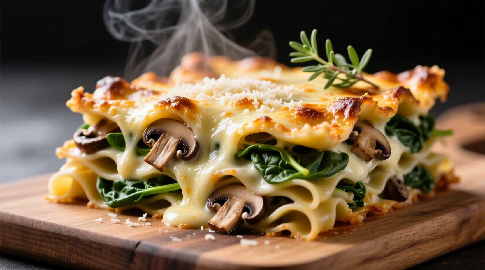 Layered mushroom spinach lasagna with melted cheese