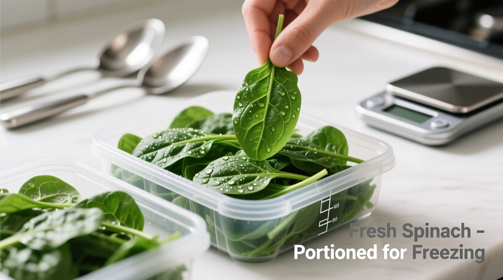 Fresh spinach being portioned for freezing
