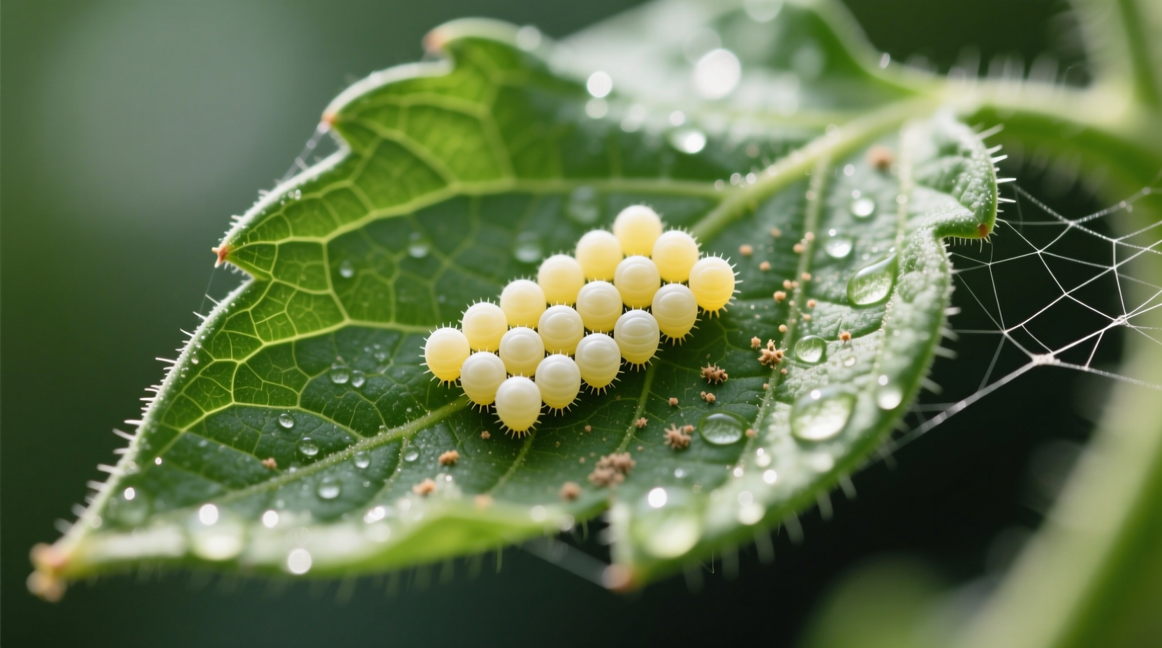 Close-up of tomato hornworm eggs on leaf underside
