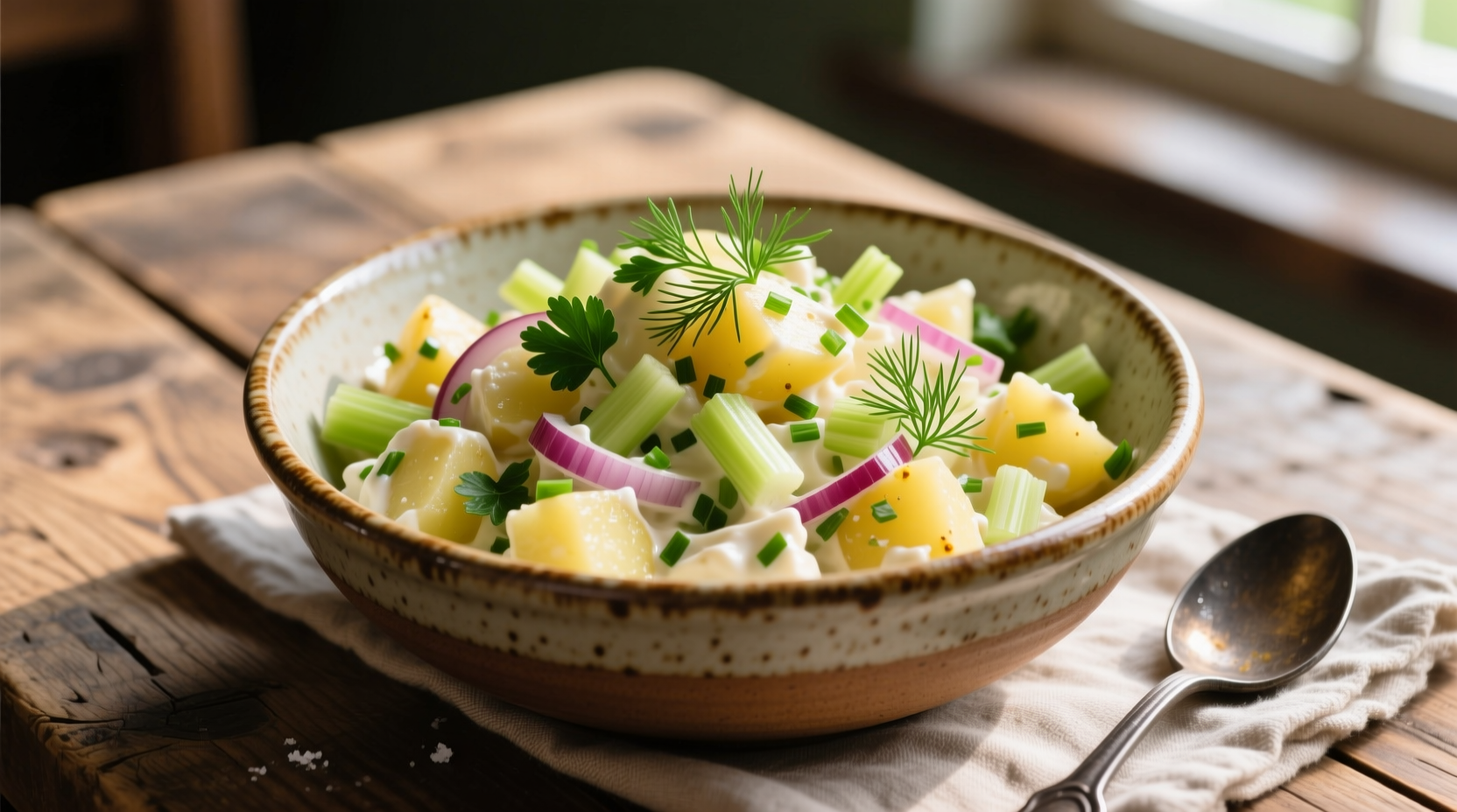 Traditional Irish potato salad in rustic bowl with fresh herbs