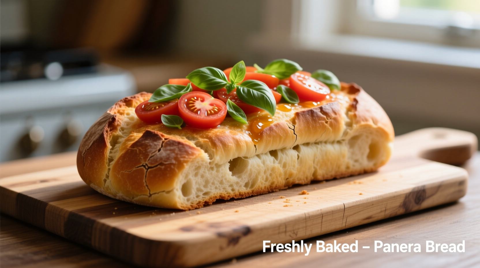 Freshly baked Panera tomato basil bread on wooden cutting board