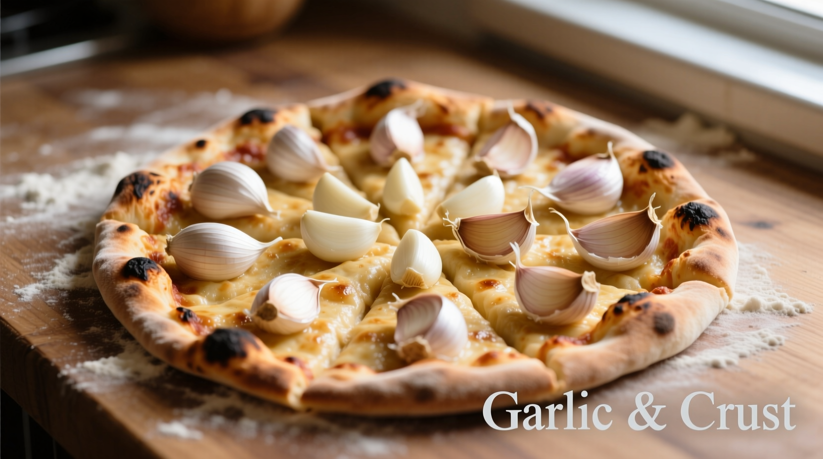 Fresh garlic cloves arranged on pizza dough