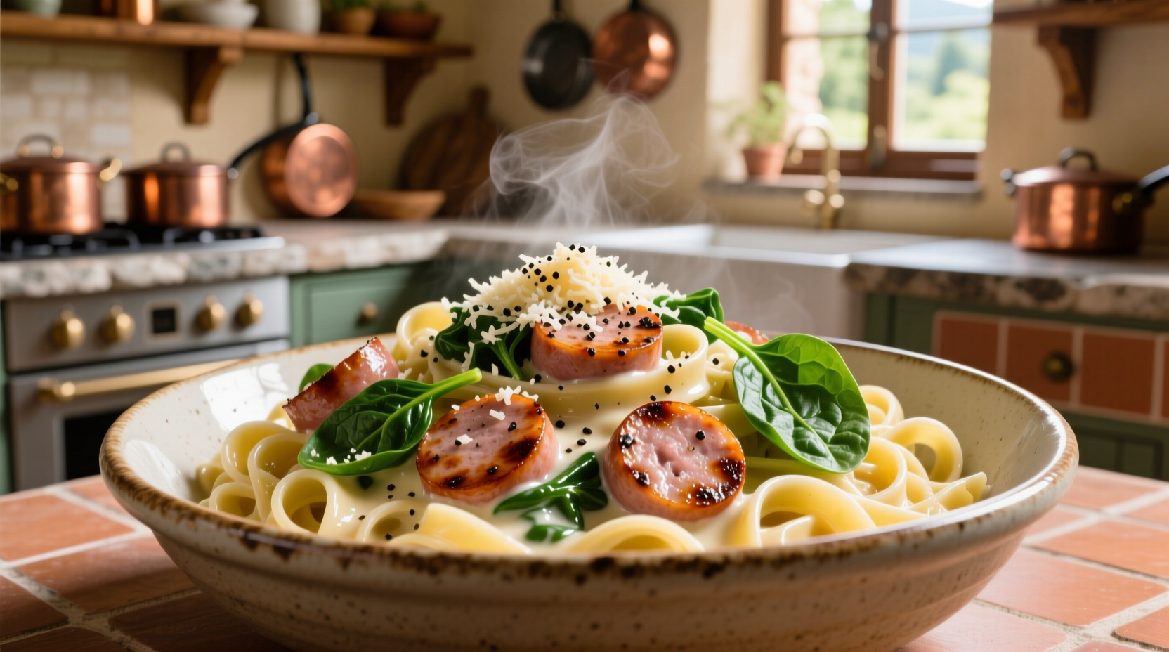 Creamy pasta with Italian sausage and fresh spinach