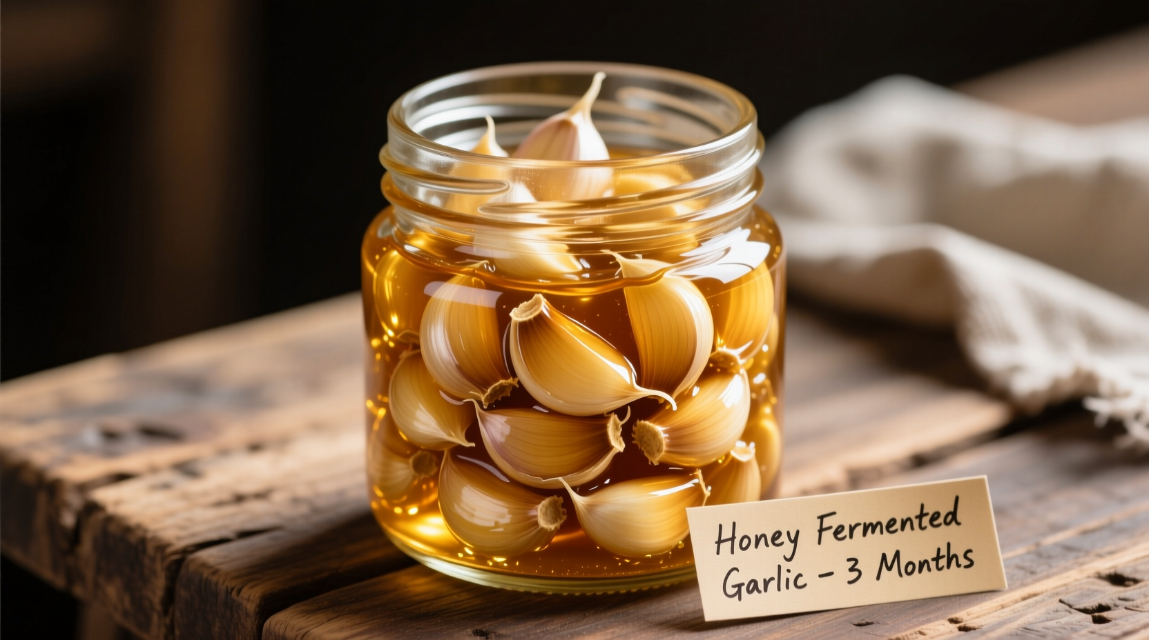 Golden honey fermented garlic cloves in glass jar