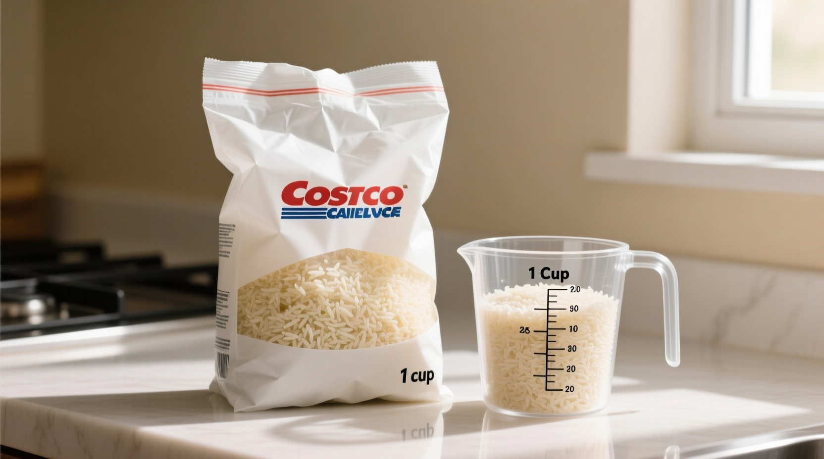 Costco cauliflower rice bag next to measuring cup
