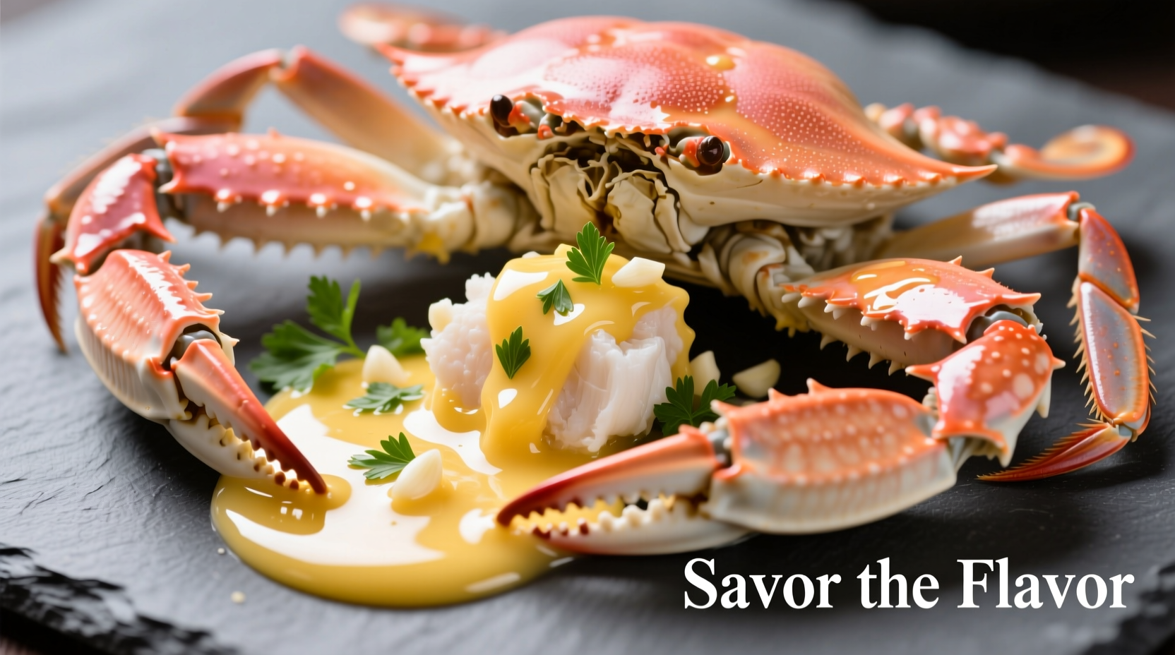 Golden garlic butter drizzled over steamed crab legs