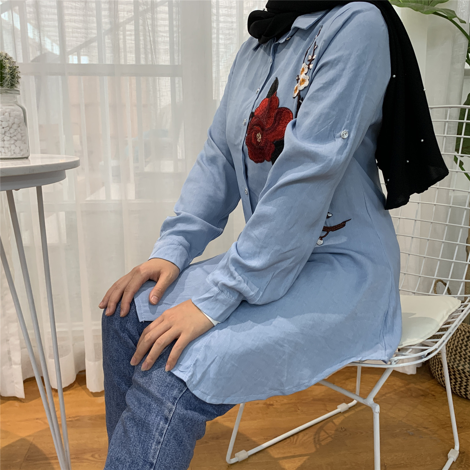 2055#Casual Muslim Shirt Blue Blouses With Flora - CHAOMENG MUSLIM SHOP