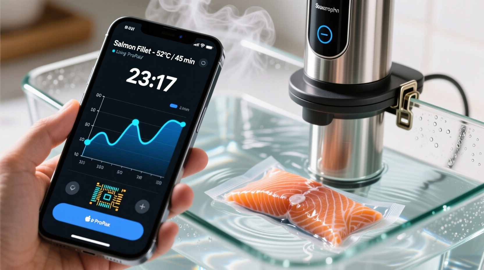 Smartphone screen showing sous vide app interface with real-time temperature graph, active cook timer, and 'Salmon Fillet – 52°C / 45 min' label beside a stainless steel circulator clipped to a clear water bath with vacuum-sealed bag floating inside