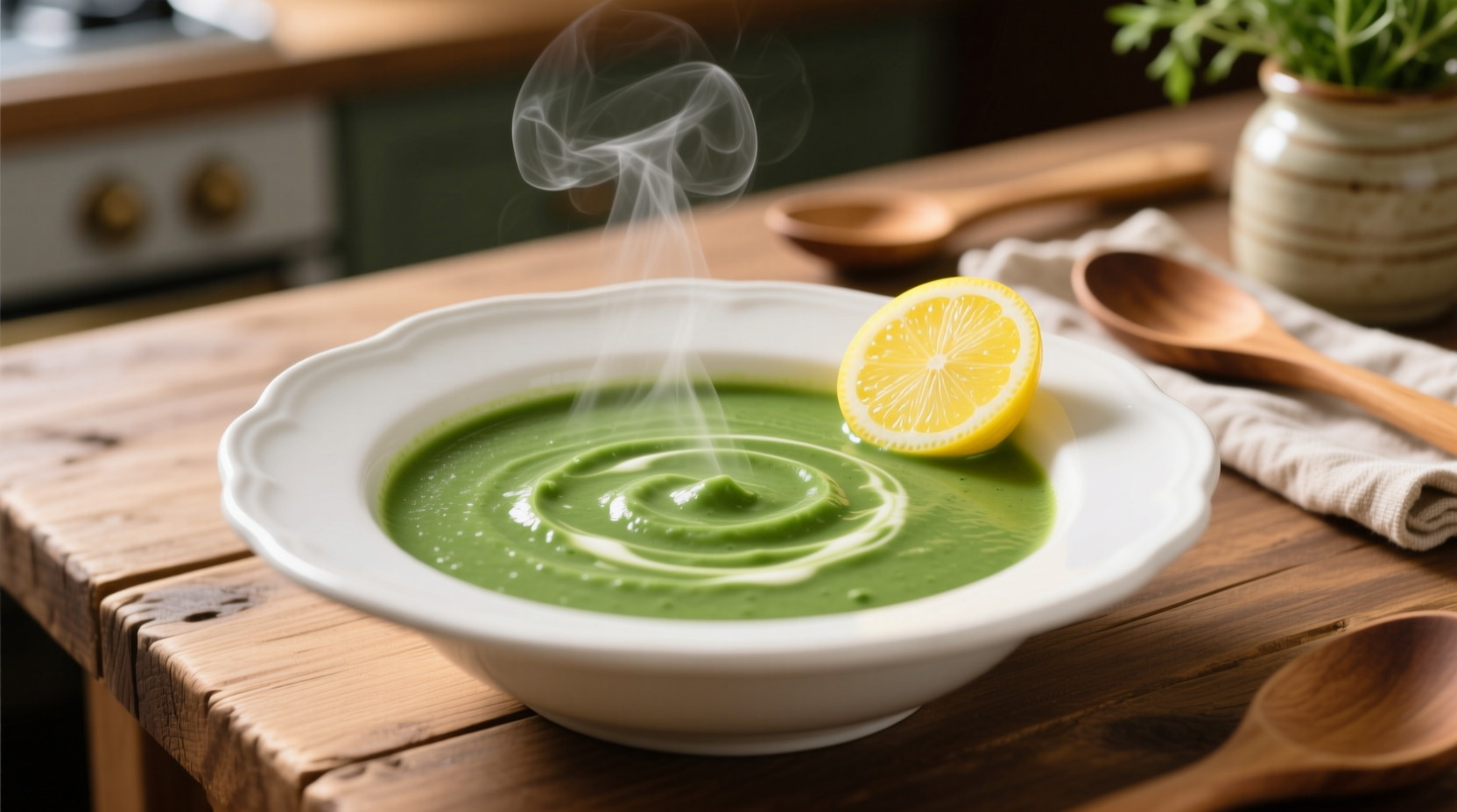Creamy spinach soup in white bowl with lemon garnish