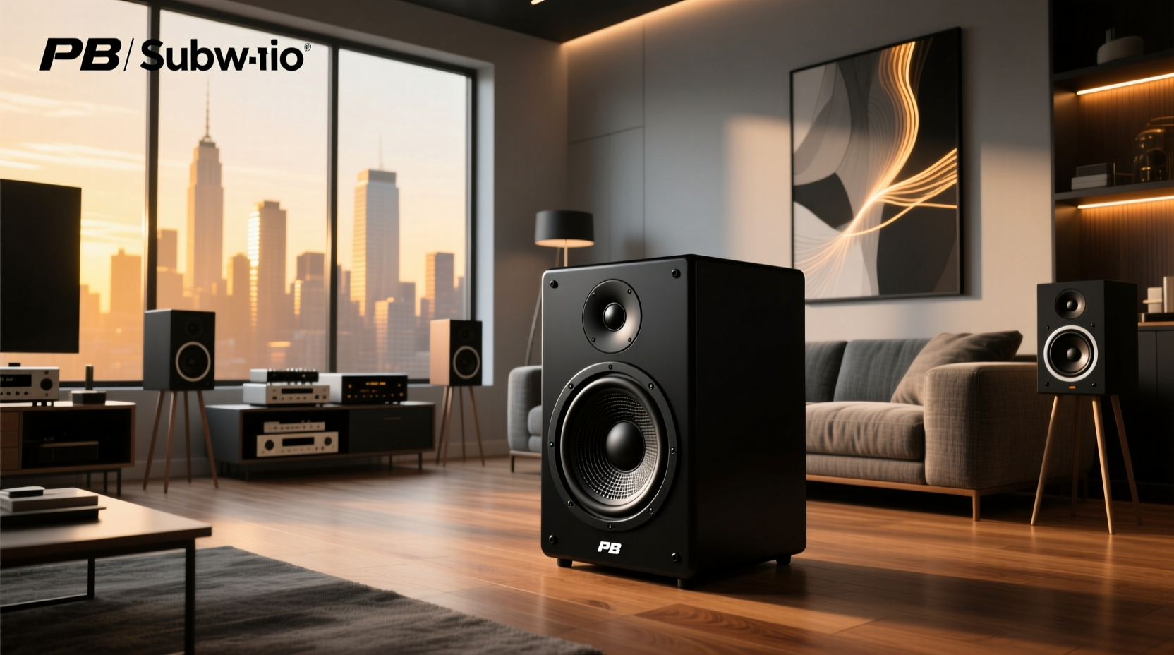PB Subwoofer 10 model in black finish on wooden floor