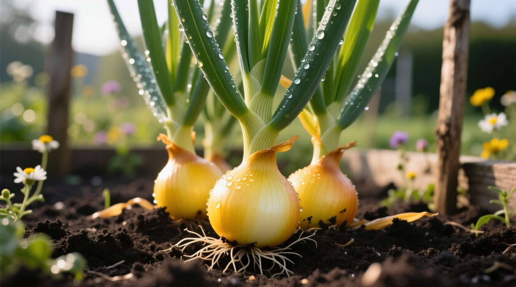 Yellow onion plants growing in garden soil