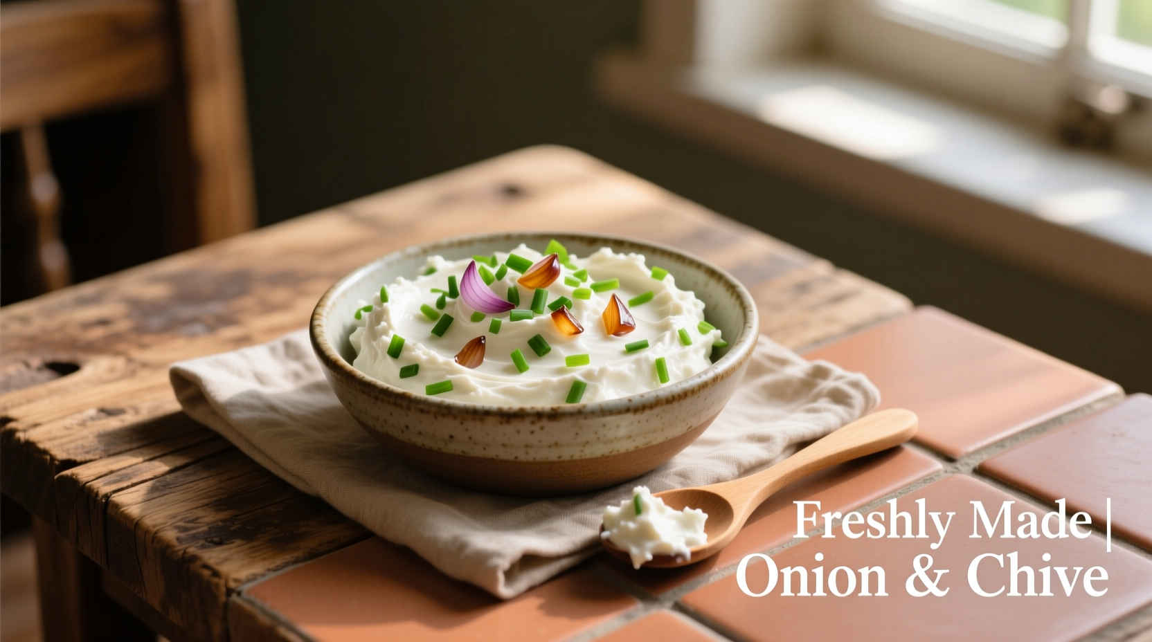 Homemade onion and chive cream cheese spread in a bowl