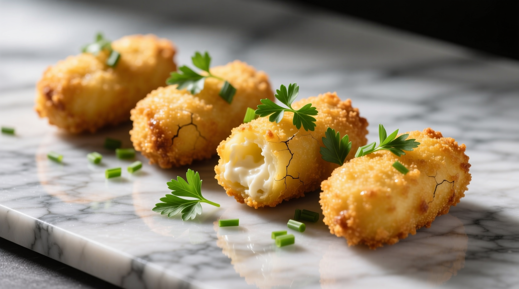Golden potato croquettes with herb garnish on marble