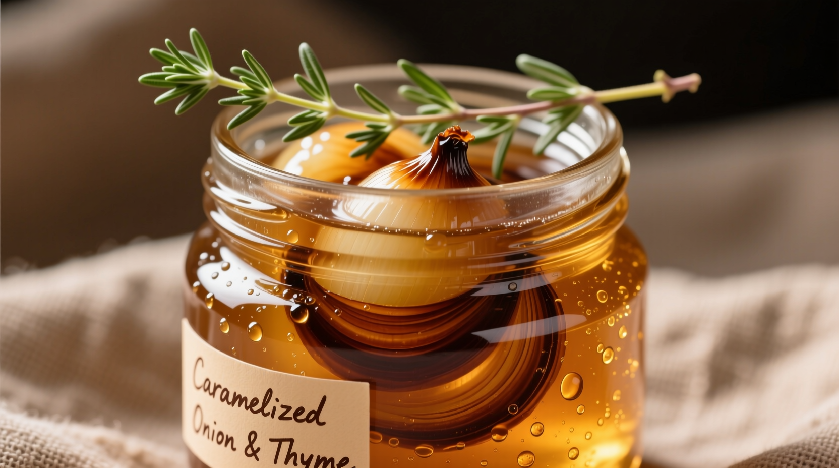 Golden caramelized onion jelly in glass jar with fresh thyme