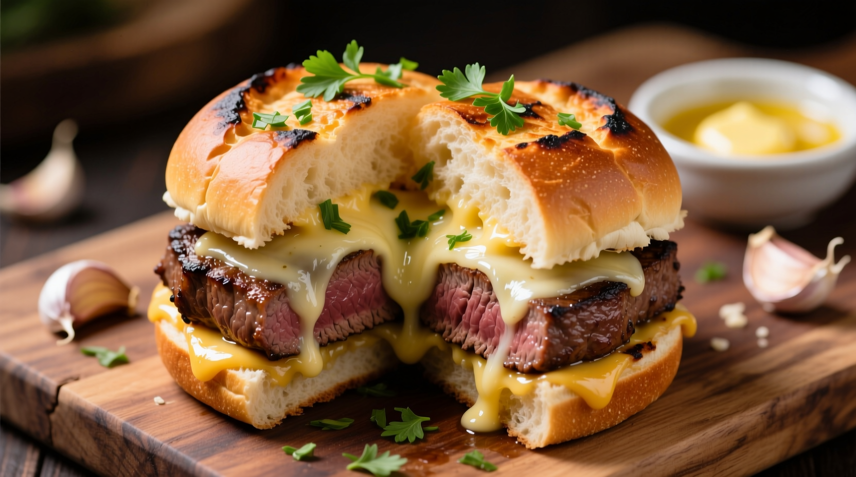 Custom cheesy garlic steak sandwich with melted provolone