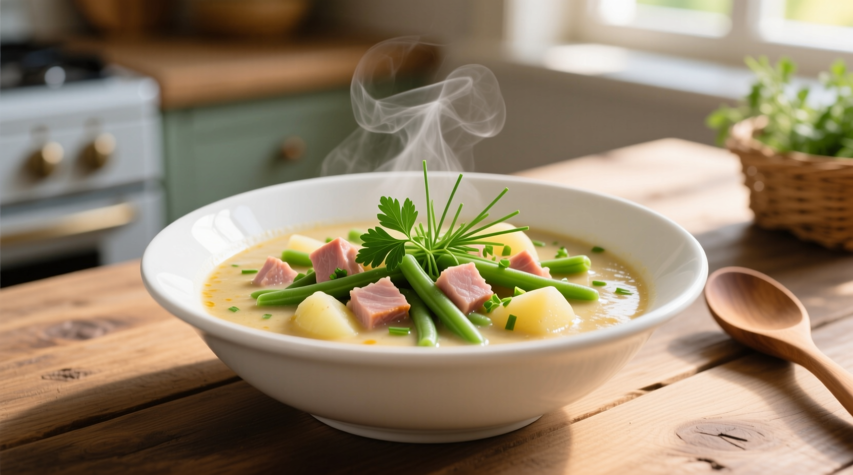 Ham potato green bean soup in white bowl with fresh herbs