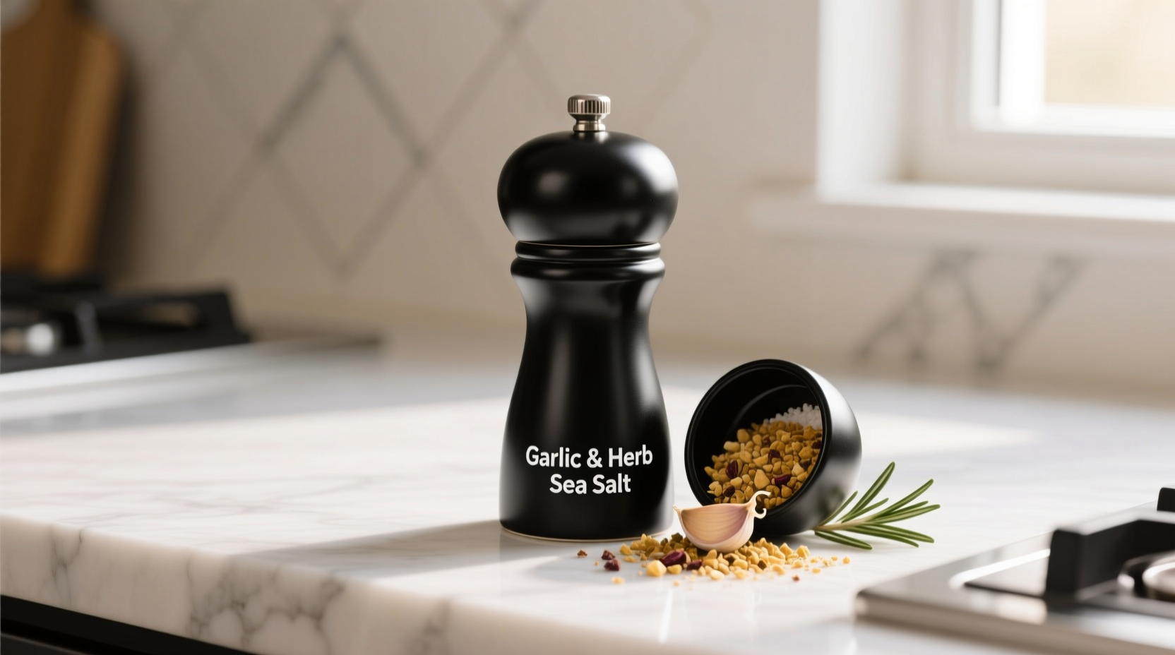 Garlic powder jar beside empty salt shaker showing no sodium risk for family cooking