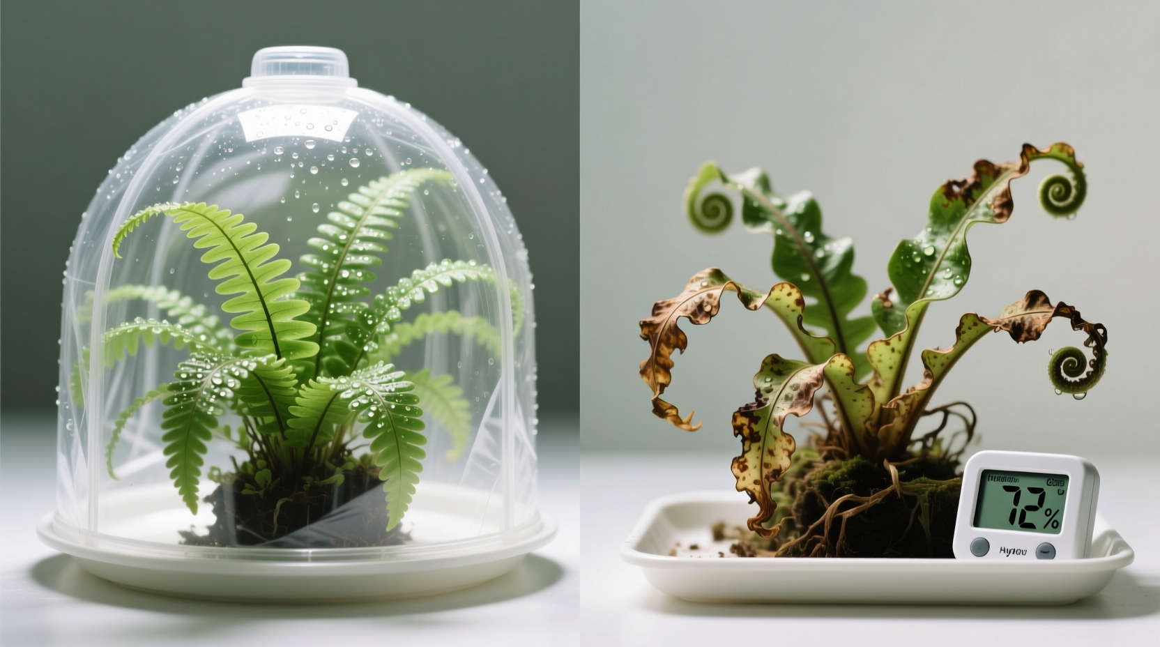 Side-by-side comparison: a newly shipped fern under a ventilated clear plastic dome with hygrometer reading 72%, next to a stressed fern showing early marginal browning and inward leaf curl