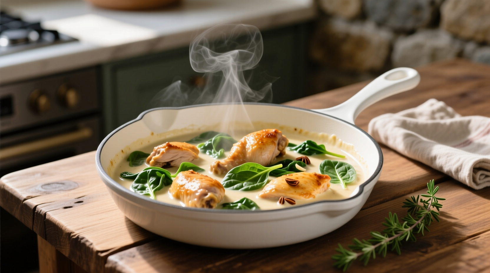 Creamy chicken and spinach in white skillet