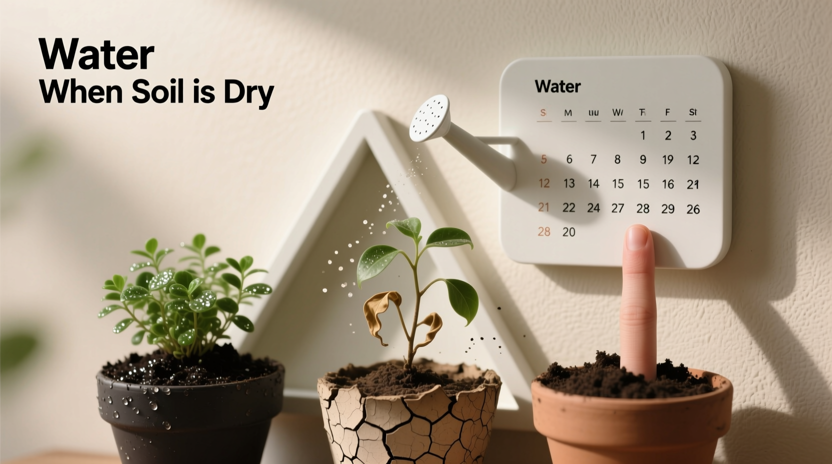 A clean, minimalist wall-mounted watering calendar beside three potted plants: one with moist dark soil, one with dry cracked soil, and one with a finger inserted to demonstrate the first-knuckle depth test.