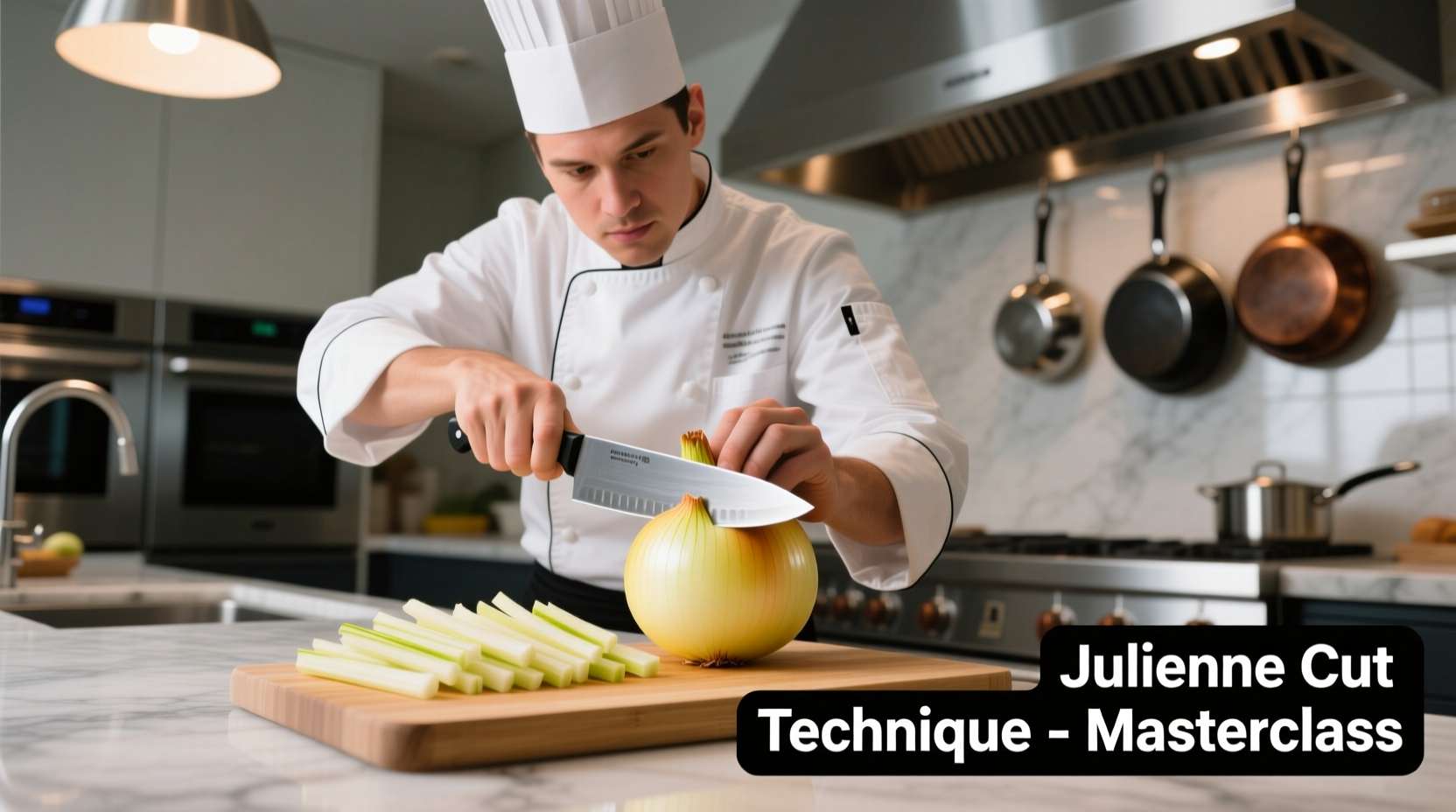 Professional chef demonstrating julienne cut technique on onion